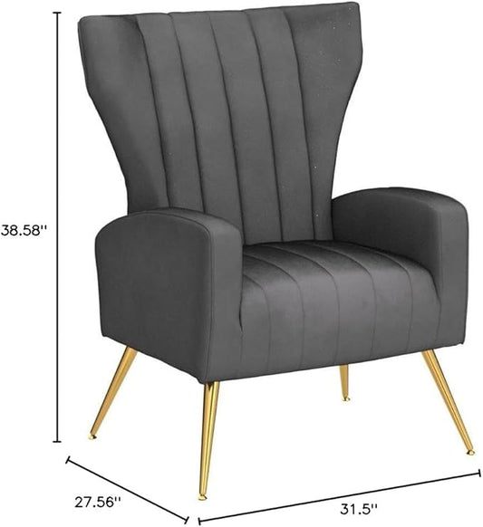Modern Velvet Accent Chair, Channel Tufted Bedroom, Office or Living Room Furniture with Elegant Metal Legs, 26" Wide Armchair, Grey