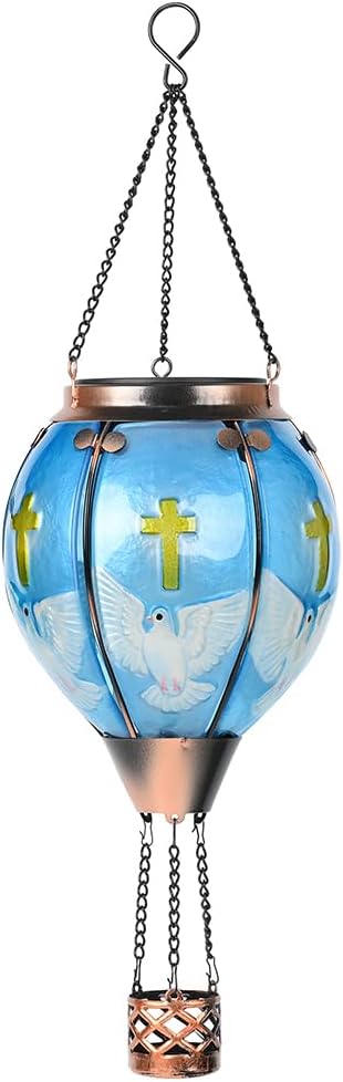 Hot Air Balloon Solar Lantern - Bluebird Glass Lantern, Simulated Flickering & Dancing Flame, Outdoor Hanging Yard Light Waterproof IP65 for Patio Lawn Porch Decor Gift