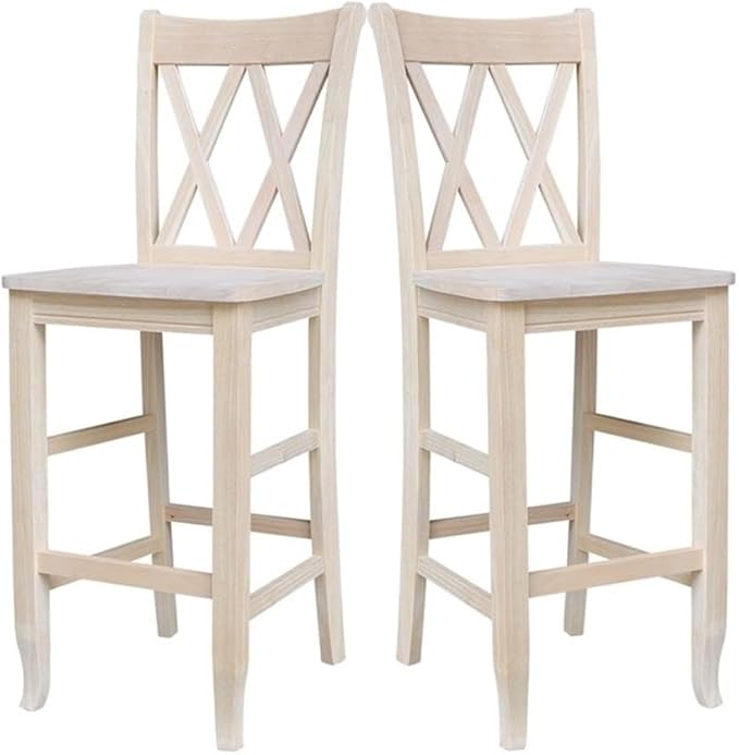 IC International Concepts Double X-Back Bar Height Stool Solid Wood, Real Parawood, Easy Assembly, 17.91" W x 19.59" D x 46.22" H 225 lbs wt Capacity, DIY, Paint or Stain Your Way, Unfinished