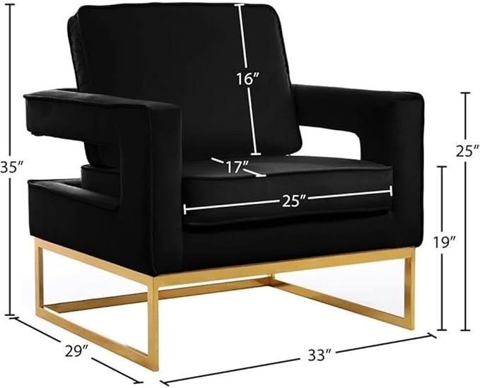 Meridian Furniture Modern | Contemporary Black Velvet Upholstered Accent Chair with Stainless Steel Base in a Rich Gold Finish, 33.5" W x 29.5" D x 35.5" H,