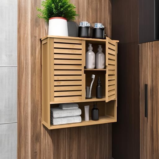 Bathroom Wall Cabinet, Bamboo Storage Cabinet Wall Mounted, Wall Hanging Cabinet with 2 Doors & 3 Tier Shelves
