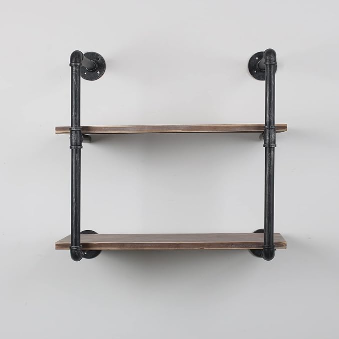 MBQQ Industrial Pipe Shelving Wall Mounted,24in Rustic Metal Floating Shelves,Steampunk Real Wood Book Shelves,Wall Shelf Unit Bookshelf Hanging Wall Shelves,Farmhouse Kitchen Bar Shelving(2 Tier)