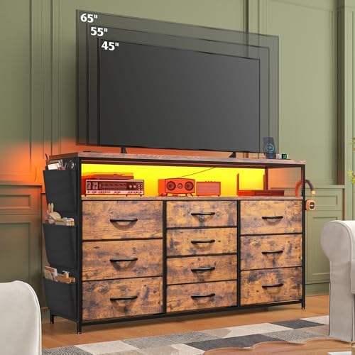 EnHomee 10-Drawer Dresser TV Stand for 55" TV with LED Lights, Power Outlets & Side Pockets (Rustic Brown)