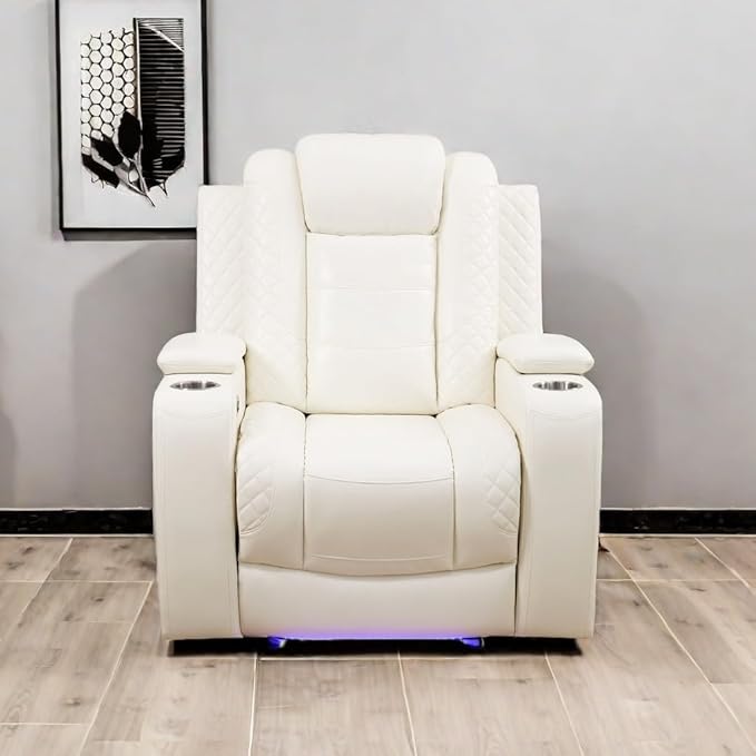 A Ainehome Power Leather Recliner Sofa Set with LED Lights, Recliner Sofa Sectional Couches for Living Room, Reclining Sofa and loveseat with USB Port/Storage Console(Creamy White,Chair)