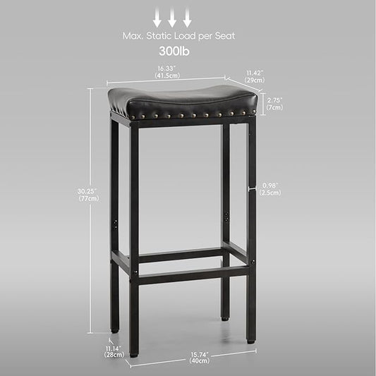 Counter Height Bar Stools Set of 2, 30 Inch, Industrial Vintage Bar Stool with Nailhead, Faux Leather Barstool with Footrest, Saddle Stool for Kitchen Island, Dining Room, Easy Assembly