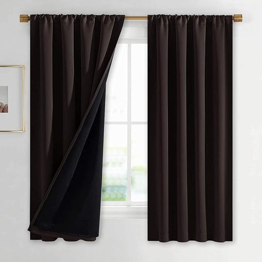 NICETOWN Complete 100% Blackout Curtains, Thermal Insulated & Energy Efficiency Window Draperies with Black Liner, Noise Reducing Drapes for Kids (Brown, 42 inches W by 63 inches L, Double Panels)