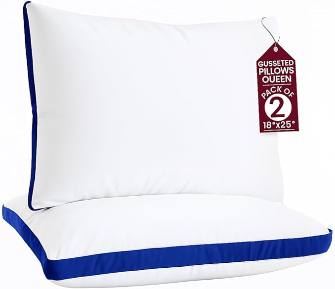 LUX Décor Gusseted Style Soft Hotel Pillows Set of 2 – for Side, Stomach & Back Sleepers - Down Alternative Hotel Bed Pillows – 100% Microfiber Cover, Virgin PSF Fill – Blue, Queen 26x18