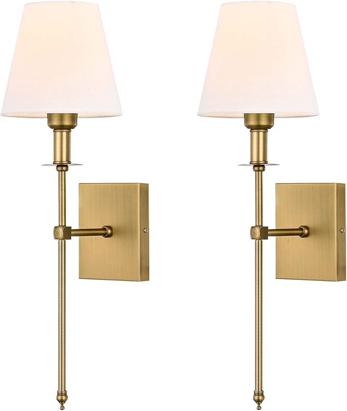 Pauwer Hardwired Wall Sconces Set of 2 - Professional Installation Required - White Fabric Shade Indoor Wall Lamp Column Stand Bedroom Bathroom Vanity Wall Light Fixture, Antique Brass