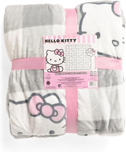 Jay Franco & Sons, Inc. Hello Kitty Blankets and Throws (Grey Plaid - Hello Kitty with Pink Bows, Twin)