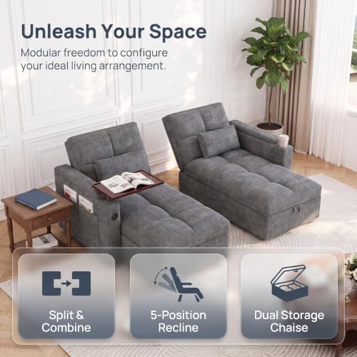 Convertible Sectional Sofa Bed with Storage, Tray & USB Port, Grey