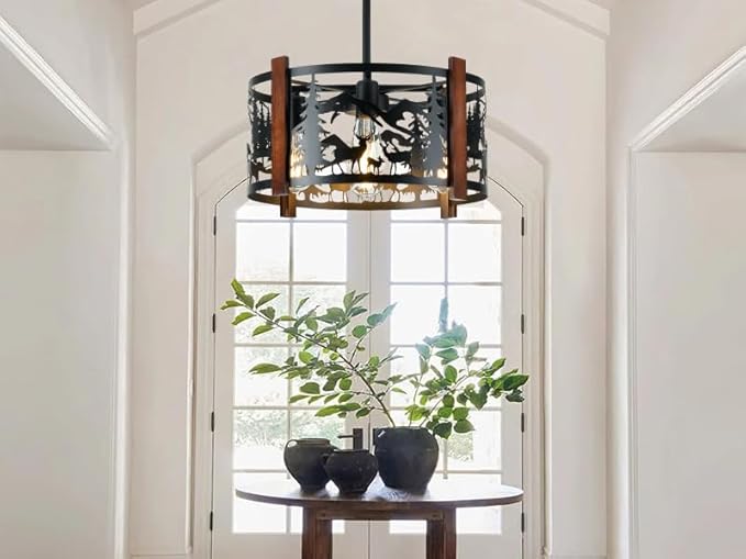 Farmhouse Rustic Deer Ceiling Light Fixtures, 4-Light Round E26 Base Black Metal Wooden Fixture for Kitchen, Living Room, Foyer, Bedroom, Hallway-16.5" L* 16.5" W * 11.8" H