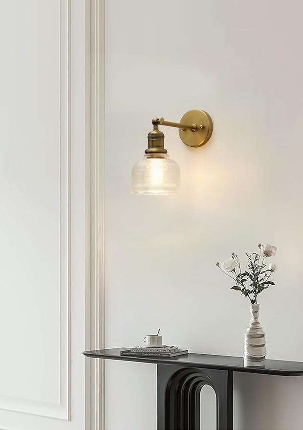 Yosoan Brass Gold Boho Vintage Wall Sconce with Striped Bowl Shade, 1-Light Modern Vanity Industrial Wall Mounted Hardwired Texture Glass Shade for Living Room Bedroom Fireplace Hallway(Antique)