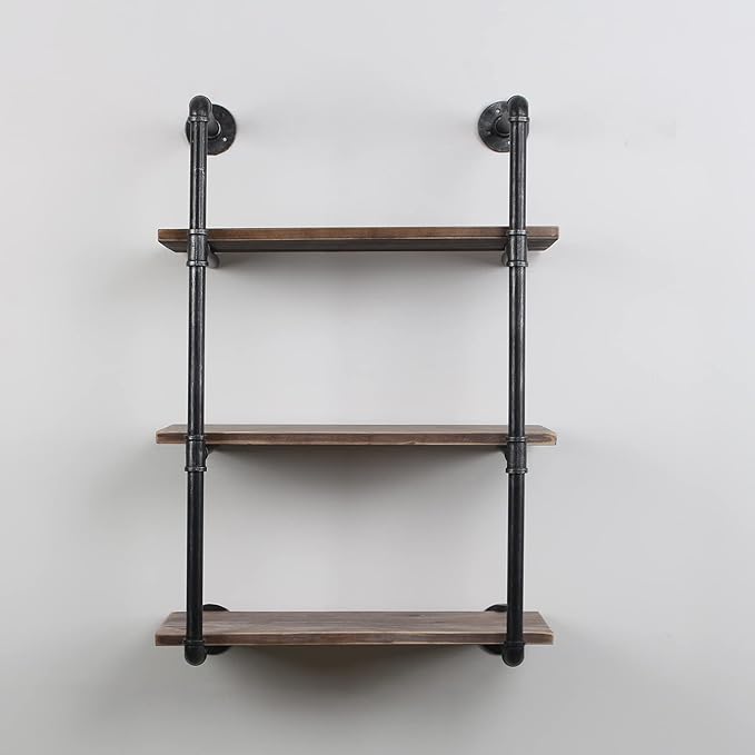 MBQQ Industrial Pipe Shelving Wall Mounted,30in Rustic Metal Floating Shelves,Steampunk Real Wood Book Shelves,Wall Shelf Unit Bookshelf Hanging Wall Shelves,Farmhouse Kitchen Bar Shelving(3 Tier)