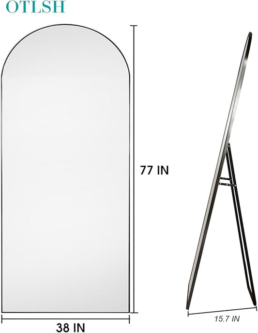 Arched Floor Mirror, 77"38" Full Length Mirror with Stand, Freestanding, Aluminum Frame - Black