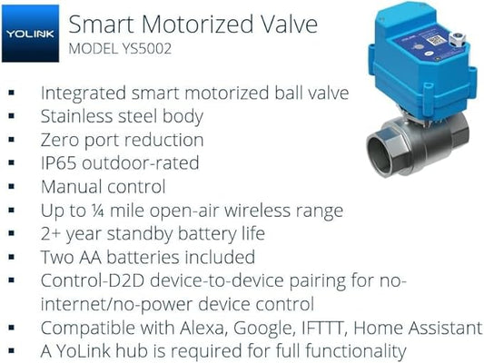 YoLink 1/2" Commercial Grade Smart Motorized Stainless Steel Ball Valve LoRa Wireless Up to 1/4-Mile Open Air Range Battery-Powered, IFTTT, Alexa, Home Assistant