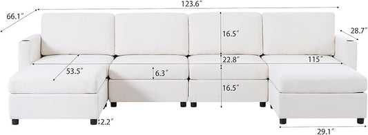Ball & Cast 123" Large Sleeper Sectional Sofa Bed with Full Storage Seats,Corner Spacious Cloud Sofa W/Ottoman,Flexible Combination,Oversize 6 Piece Cozy Modular Chaise for LivingRoom,White Chenille