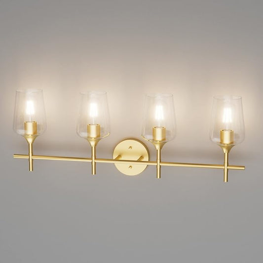 Ralbay 4-Lights Gold Vanity Light Fixture Vintage Gold Vanity Lights Wall Lighting Clear Glass Gold Bathroom Light Fixtures Over Mirror