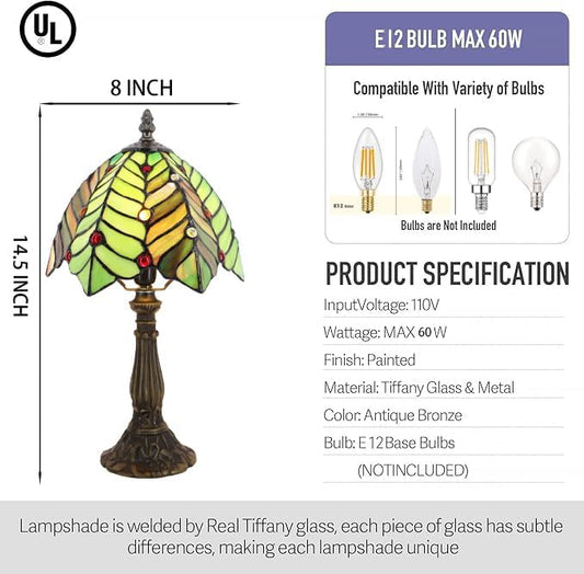 Small Tiffany Lamp Mini Accent Table Lamp Stained Glass Desk Memory Lamp Sympathy 8X14.5 Inch (Brown Green Leaf)