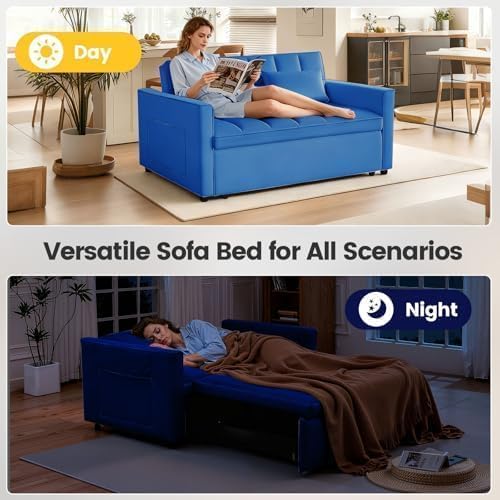54" Convertible Pull Out Sofa Bed with Adjustable Backrest, Blue