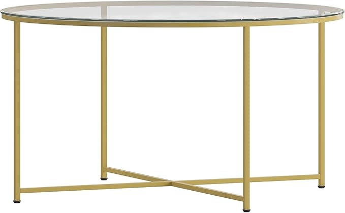 Flash Furniture Greenwich Collection Coffee Table - Modern Clear Glass Coffee Table - Crisscross Brushed Gold Frame