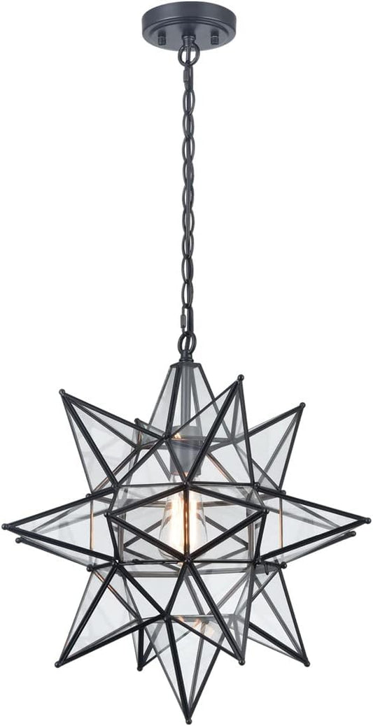 DIRYZON Boho Moravian Star Pendant Light 20 Inch Large Black Hanging Ceiling Light,Modern Clear Glass Pendant Lighting for Kitchen Island Porch Bedroom