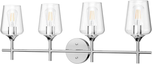 Ralbay Chrome Bathroom Vanity Light - 4 Light Industrial Farmhouse Style, Clear Glass, Over Mirror
