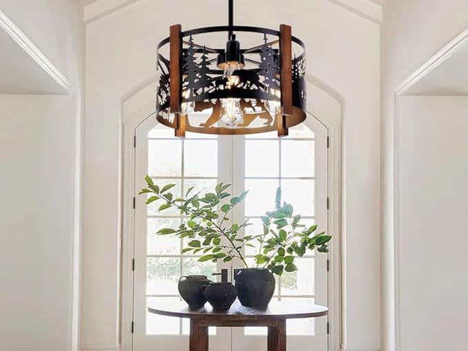 Farmhouse Rustic Bear Ceiling Light Fixtures, 4-Light Round E26 Base Black Metal Wooden Fixture for Kitchen, Living Room,Foyer, Bedroom, Hallway-16.5" L* 16.5" W * 11.8" H