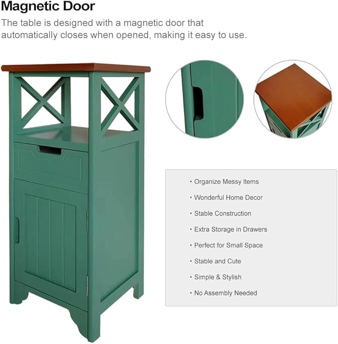 30 Inches Tall End Table, Fully Assembled Bathroom Floor Cabinet with Shelf and Storage, No Assembly Nightstand with Drawer for Bedroom-Brown&Green