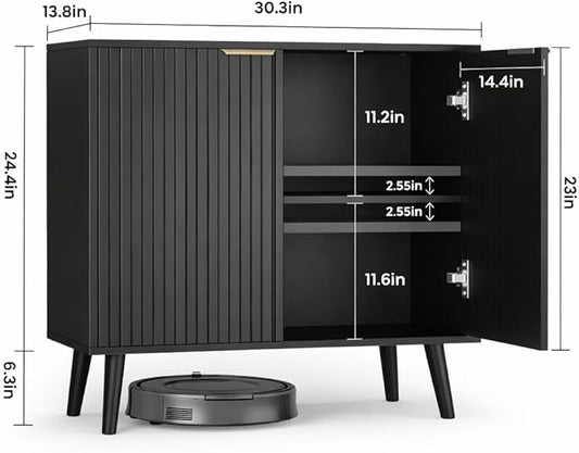 Pamapic Black Fluted Storage Cabinet, Sideboard Buffet with Doors and Shelf, Wooden Console Table & Credenza, Multifunctional Entryway Cabinet for Living Room, Dining Room (Black)