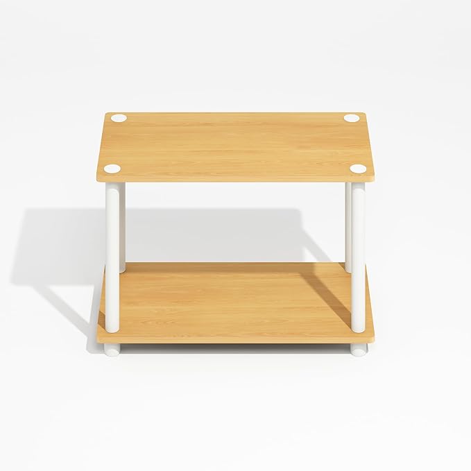 Furinno Turn-N-Tube Side Table, 2-Tier Wide End Table with Open Shelf, Toolless Assembly Night Stand, Bedside Table, for Living Room, Bedroom, Light Beech