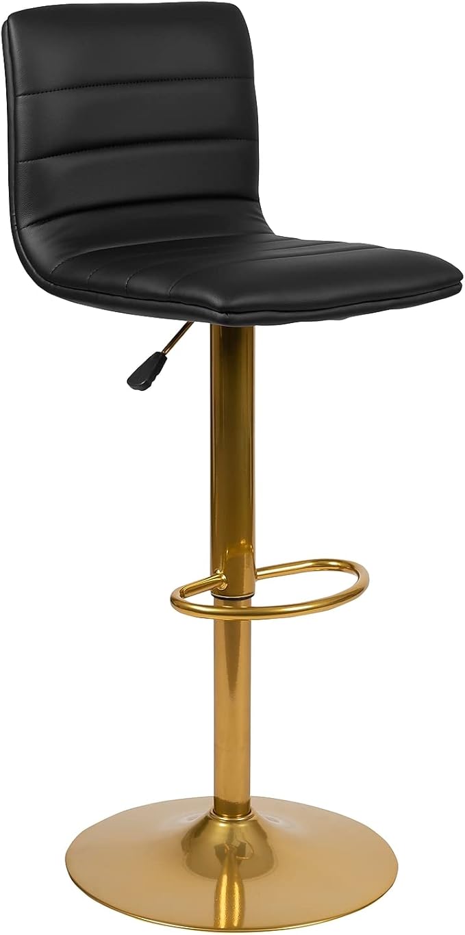 Flash Furniture Vincent Modern Black Vinyl Adjustable Bar Stool with Back, Counter Height Swivel Stool with Gold-Pedestal Base, Set of 2