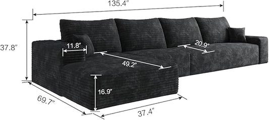 135" Corduroy Couch Sectional with Chaise, L Shape Boneless Cloud Couches for Living Room Bedroom, Modular Corner Couch, Fluffy Deep Seat Compression Sofa, Left Facing Chaise, No Assembly, Black