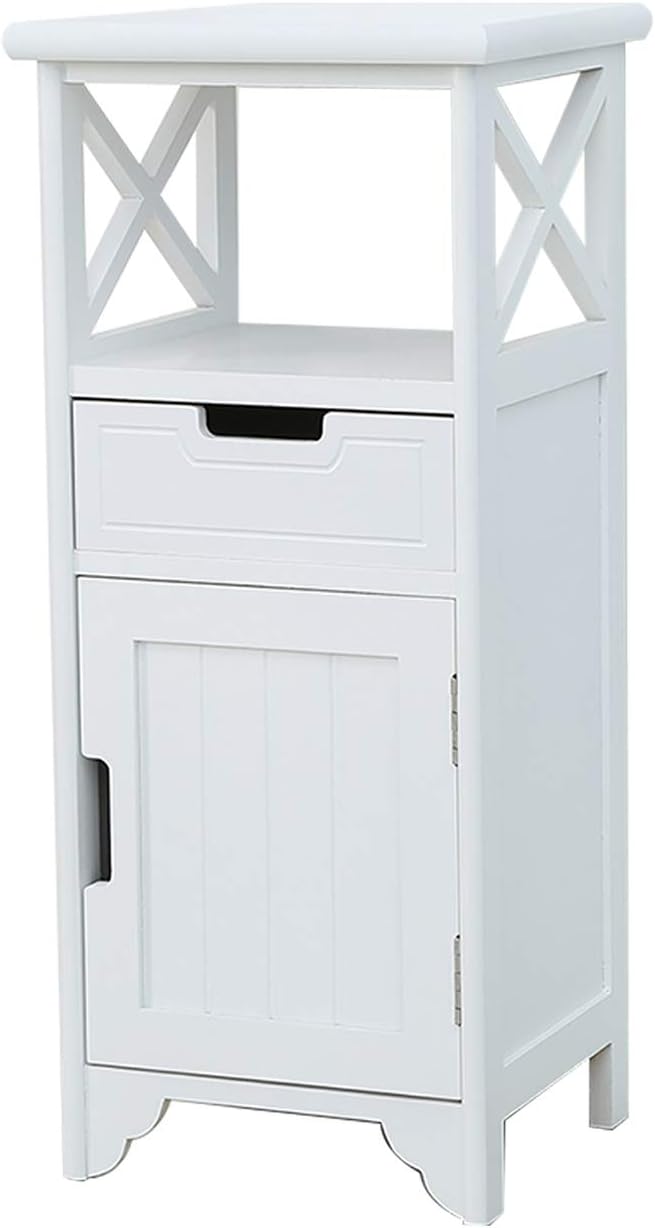 End Table with Drawer and Doors(Fully Assembled), 30" Height Floor Standing Storage Cabinet with Shelf for Bathroom, Solid Wood Side Table/Nightstand/Side Cabinet for Bedroom -White