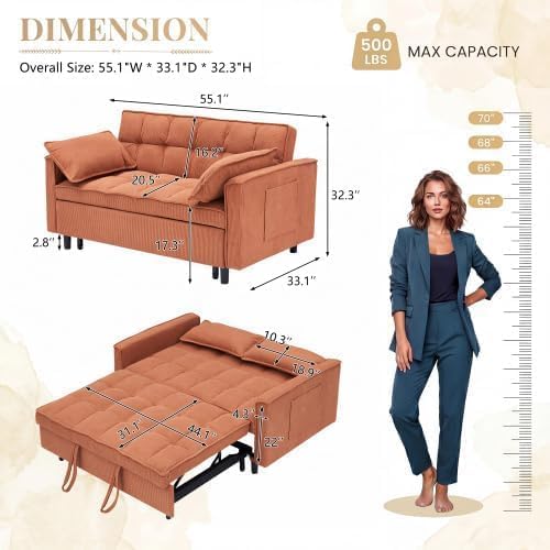 54" Convertible Pull Out Sofa Bed with Adjustable Backrest, Orange