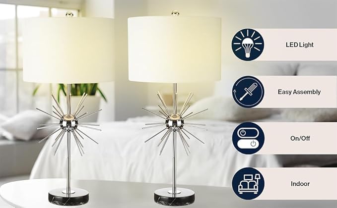 JONATHAN Y 31.5" Chrome Metal and Marble Starburst LED Table Lamp Set of 2, Mid-Century Modern Glam Lamp for Living Room Bedroom, White Linen Shade, LED Bulbs Included JYL2011A-SET2