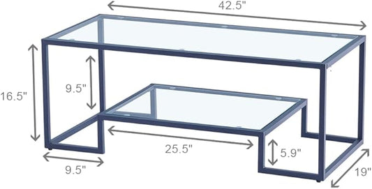 Black Metal Glass Coffee Table - Simple Center Coffee Table for Living Room Home, Metal Frame Coffee Table with 2 Shelves,Modern Table for Bedroom, Dinning Room,Office Decor | Living Room, Home, Modern Table, Bedroom, Dinning Room