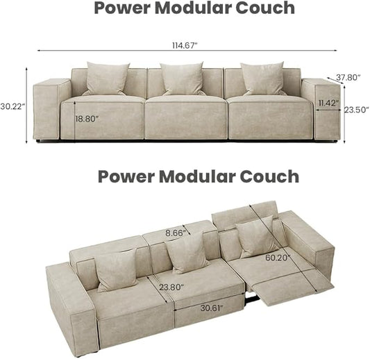 115'' Power Sofa for Living Room, Electric Recliner Couches with Performance Fabric, Modular Sectional Sofa with Pillows, Comfy Velvet Cloud Couch with Deep Seat(Beige)
