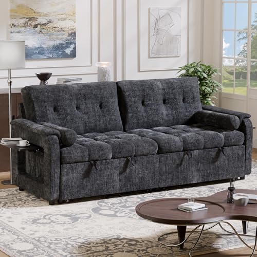 Convertible Sleeper Sofa Bed, 86 Inch Chenille Pull Out Couch with Side Table & Adjustable Backrest, Sectional Sleeper Sofa with Pull Out Bed for Living Room, Apartment, Black
