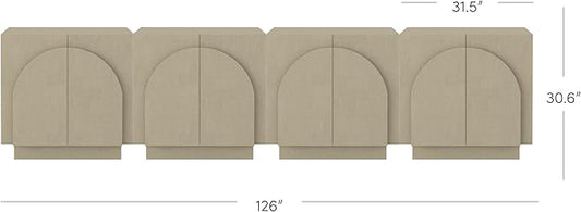 Nathan James Iris Mid Century Modern Arched Curio Cabinet with Beige Linen Finish, Wooden Storage Cabinet with Doors Set of 4