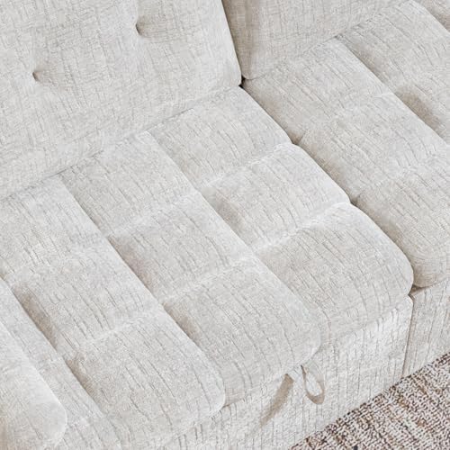 Convertible Sleeper Sofa Bed, 86 Inch Chenille Pull Out Couch with Side Table & Adjustable Backrest, Sectional Sleeper Sofa with Pull Out Bed for Living Room, Apartment, Beige