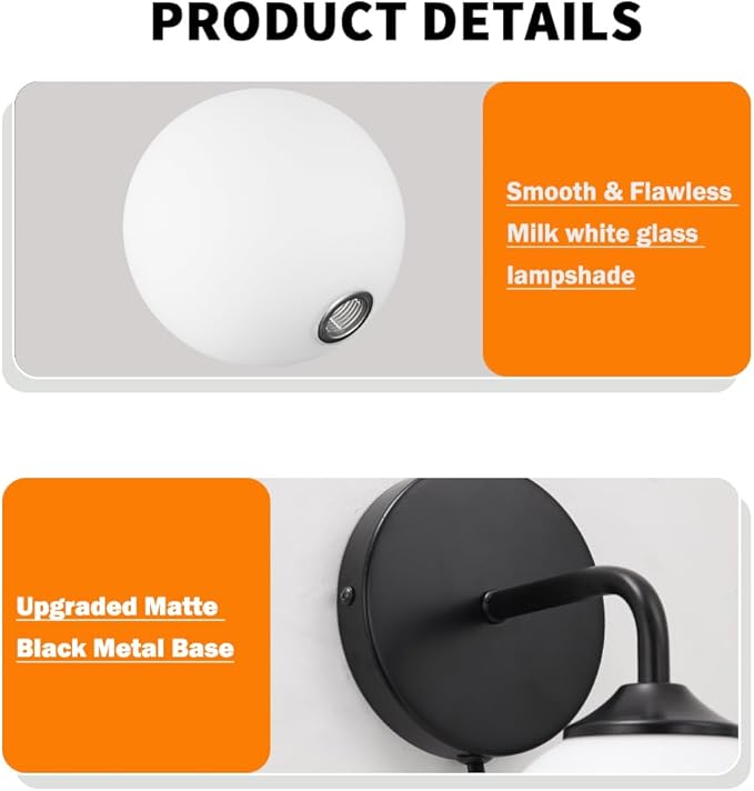 Black Plug in Wall Sconces Set of 2, Wall Light with Plug in Cord On/Off Switch, Mid Century Art Deco Plug Sconce with Milky White Globe Glass Lampshade Wall Lamp for Bedroom Living Room Hallway