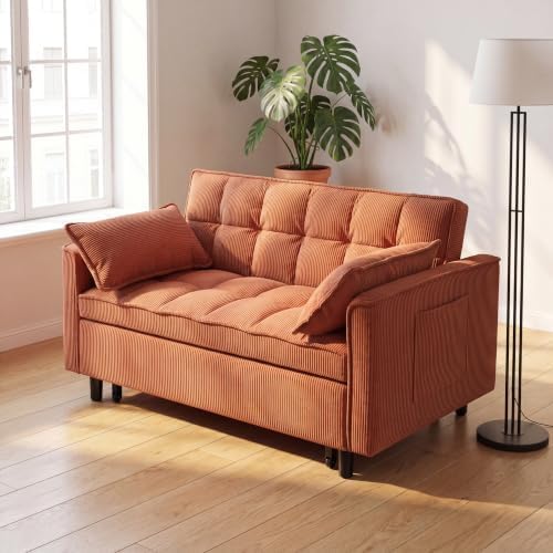54" Convertible Pull Out Sofa Bed with Adjustable Backrest, Orange