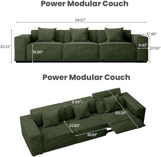 114.67'' Power Recliner Couch, Modern Recliner Sofa for Living Room, Performance Fabric Couch with Pillows, Mid Century Modern Sofa, Pet Friendly, Free Combination for Home, Green