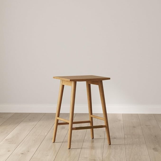 Nathan James Barker Counter Height Solid Wood Barstool with Upholstered Cushion, Backless Island Stool with Rubberwood Legs and Natural Textured Linen Upholstery for Kitchen, Brown/White, Set of 4