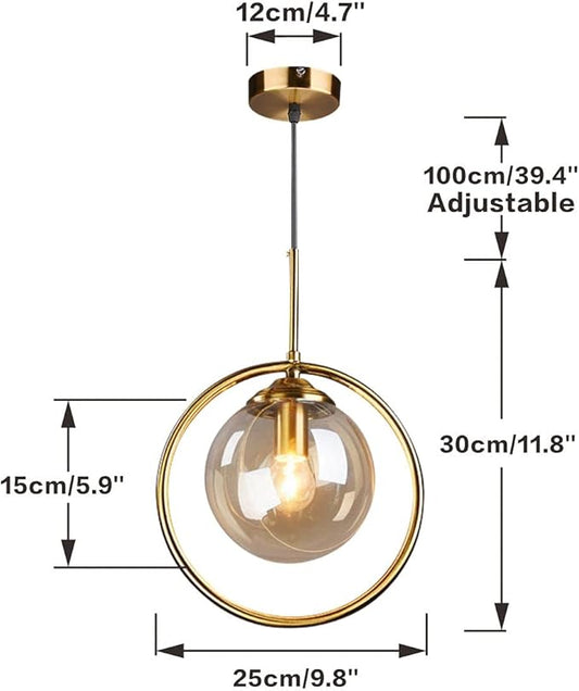 BOKT Modern 1-Light Globe Pendant Light Mid Century Amber Glass Ball Pendant Lighting Brushed Gold Single Round Circle Hanging Lamp Kitchen Island Dining Room Pendant Light Fixture