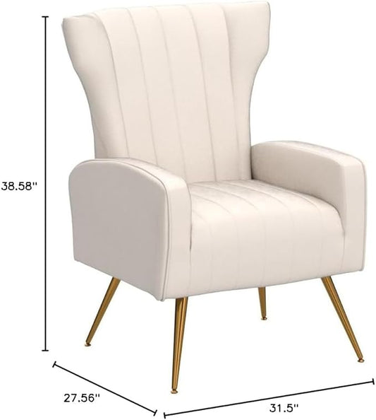 Modern Velvet Accent Chair, Channel Tufted Bedroom, Office or Living Room Furniture with Elegant Metal Legs, 26" Wide Armchair, Beige