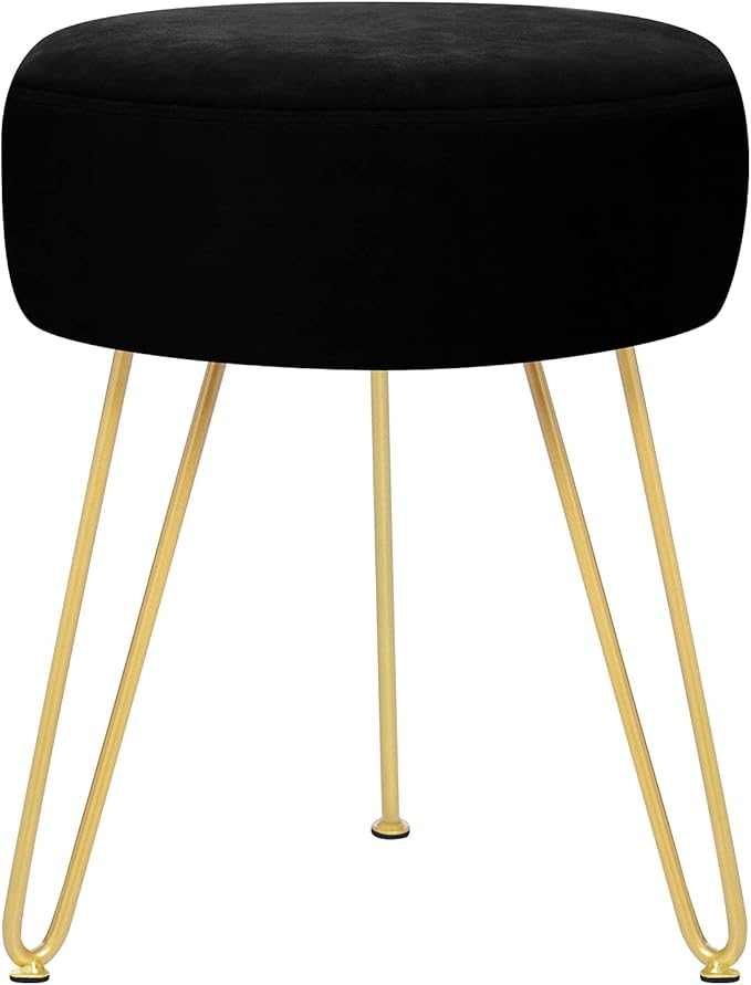 Velvet Soft Modern Vanity Footstool -Round Footrest Stool Ottoman Side Table Seat Dressing with Golden Metal Leg and Sponge Filling,Upholstered Foot Rest, for Living Room and Bedroom Black