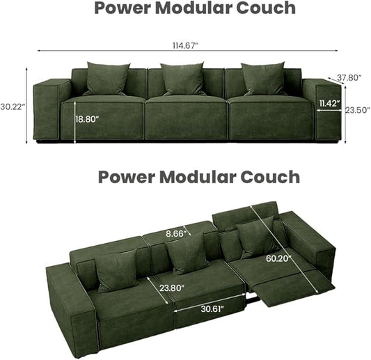 114.67'' Power Sofa for Living Room, Electric Recliner Sofa with Performance Fabric, Sofa with Pillows, Sectional Sofas with Recliners, Pet Friendly, Free Combination for Home, Green
