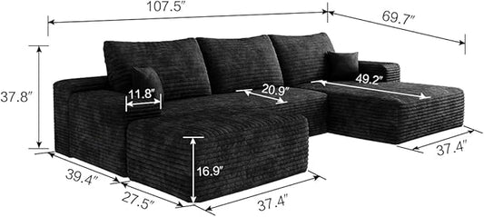107" U Shaped Corduroy Couch with Ottoman, Compression Boneless Sofa, Deep Seat Cloud Modular Couch, Comfy Sectional Couches for Living Room Bedroom, No Assembly, Right Facing Chaise, Black