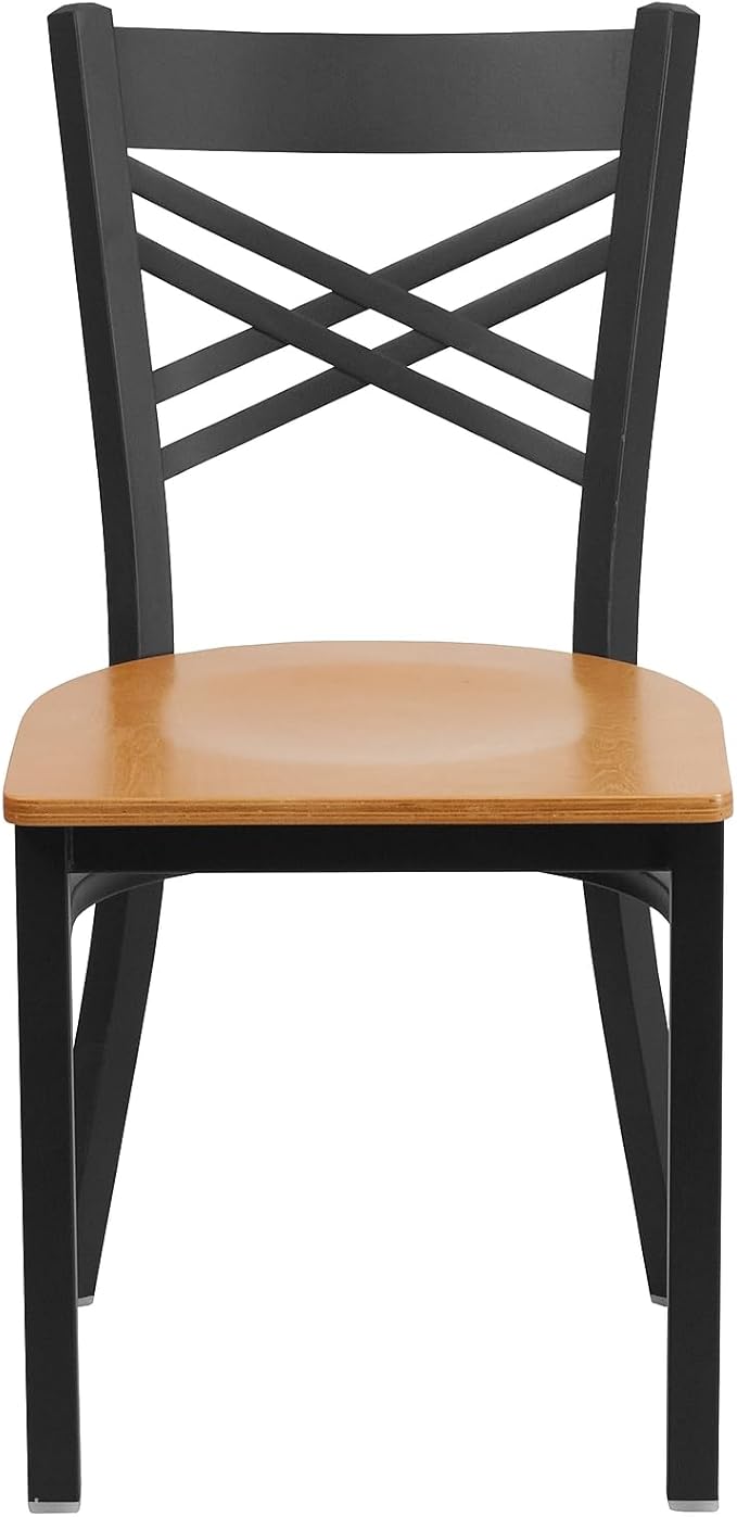 Flash Furniture 2 Pack HERCULES Series Black ''X'' Back Metal Restaurant Chair - Natural Wood Seat